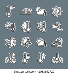 Set line Water thermometer, Rainbow with clouds and sun, Thermometer cloud, moon, Meteorology and snowflake icon. Vector