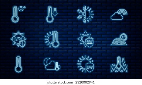 Set line Water thermometer, Rainbow with sun, Sun and snowflake, Thermometer, UV protection, Meteorology,  and  icon. Vector