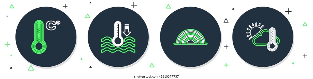 Set line Water thermometer, Rainbow, Meteorology and Thermometer and cloud, sun icon. Vector