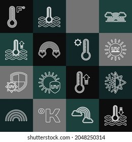 Set line Water thermometer, Sun and snowflake, UV protection, Rainbow with sun, heart, Meteorology and  icon. Vector