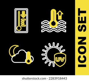 Set line Water thermometer, UV protection, Thermometer and cloud, moon and Meteorology icon. Vector