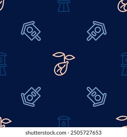 Set line Water tower, Bird house and Sprout on seamless pattern. Vector