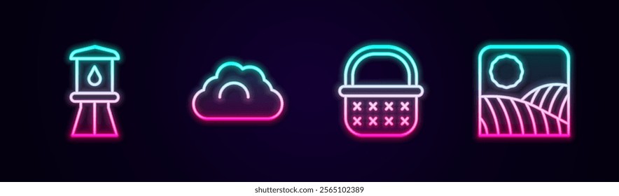 Set line Water tower, Cloudy weather, Wicker basket and Agriculture wheat field farm. Glowing neon icon. Vector