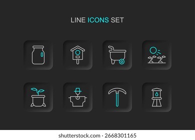 Definir linha Torre de água, Pickaxe, Espantalho, Planta em pote, brotos crescem o sol, Carrinho de Rodas, Casa de Pássaro e Vidro com ícone de tampa de parafuso. Vetor