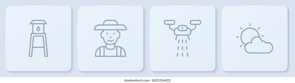 Set line Water tower, Smart farm with drone, Farmer in the hat and Sun and cloud weather. White square button. Vector