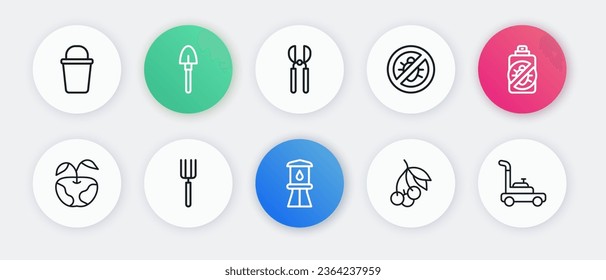 Set line Water tower, Spray against insects, Apple, Fresh berries, Stop colorado beetle, Gardening scissors, Lawn mower and pitchfork icon. Vector