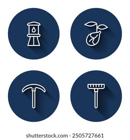 Set line Water tower, Sprout, Pickaxe and Garden rake with long shadow. Blue circle button. Vector