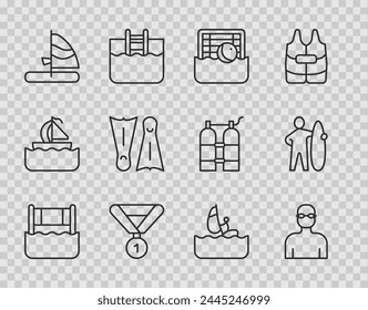 Set line Water volleyball net, Swimmer, polo, Medal, Windsurfing, Flippers for swimming,  and Surfboard icon. Vector