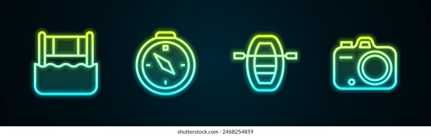 Set line Water volleyball net, Compass, Boat with oars and Photo camera. Glowing neon icon. Vector