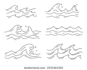 Set of line water waves. hand drawn nature sea waves