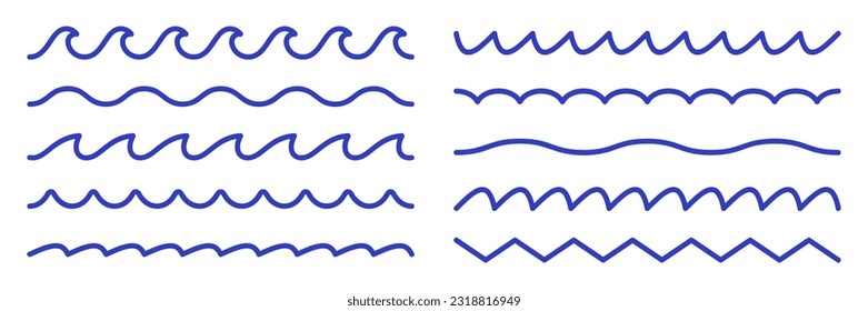 Set of line water waves icon. Sea waves vector illustration flat simple lines. Water logo, line ocean symbol in vector flat style. Ocean, sea waves symbols set. Wave line and wavy zigzag lines.