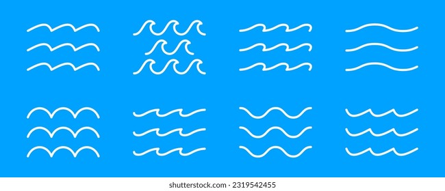 Set of line water waves icon. Sea waves vector illustration flat simple lines. Water logo, line ocean symbol in vector flat style. Ocean, sea waves symbols set. Wave line and wavy zigzag lines.