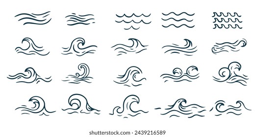 Set of line water waves. Icon set with simple doodle wave. Water logo, symbol vector collection.