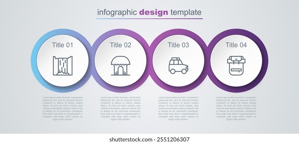 Set line Waterfall, African hut, Car and Hiking backpack. Business infographic template. Vector