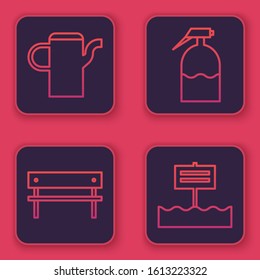 Set line Watering can, Bench, Garden sprayer and Blank wooden sign board. Blue square button. Vector