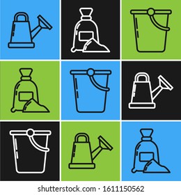 Set line Watering can, Bucket and Bag of flour icon. Vector