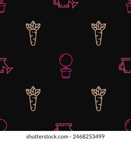 Set line Watering can, Carrot and Flower pot on seamless pattern. Vector