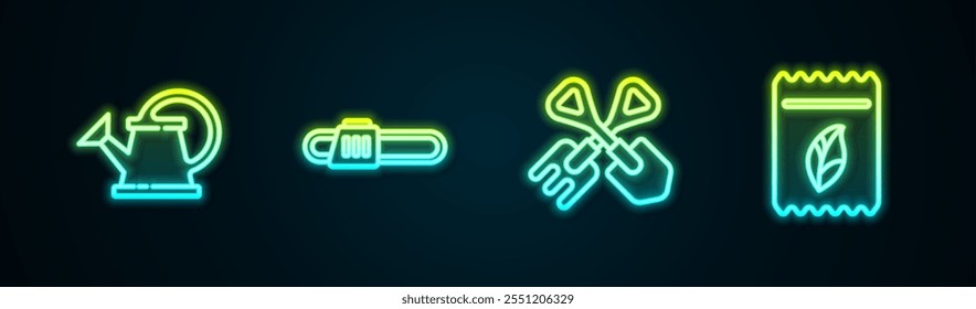 Set line Watering can, Chainsaw, Shovel and rake and Pack full of seeds of plant. Glowing neon icon. Vector