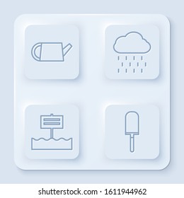 Set line Watering can, Cloud with rain, Blank wooden sign board and Garden trowel spade or shovel. White square button. Vector
