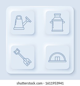 Set line Watering can, Can container for milk, Garden rake and Hangar. White square button. Vector