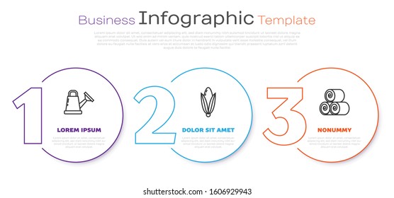 Set line Watering can, Corn and Roll of hay. Business infographic template. Vector