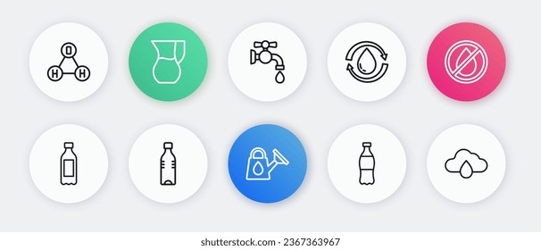 Set line Watering can, drop forbidden, Bottle of water, Recycle clean aqua, tap, Cloud with rain and  icon. Vector