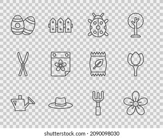 Set line Watering can, Flower, Ladybug, Gardener worker hat, Easter egg, Calendar with flower, rake and tulip icon. Vector