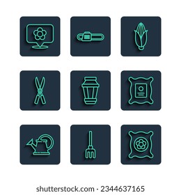 Set line Watering can, Garden rake, Pack full of seeds of plant, Corn, light lamp, Gardening handmade scissors, Location with flower and  icon. Vector