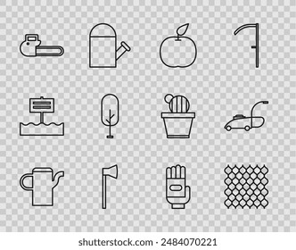 Set line Watering can, Garden fence wooden, Apple, Wooden axe, Chainsaw, Tree, gloves and Lawn mower icon. Vector