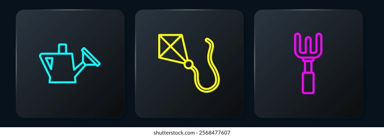 Set line Watering can, Garden rake and Kite. Black square button. Vector