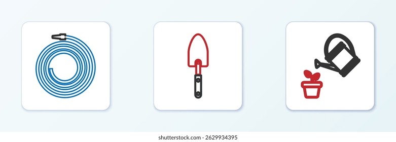 Set line Watering can, Garden hose or fire hose and trowel spade shovel icon. Vector