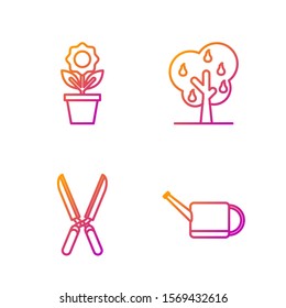 Set line Watering can, Gardening handmade scissors for trimming, Flower in pot and Tree with pears. Gradient color icons. Vector