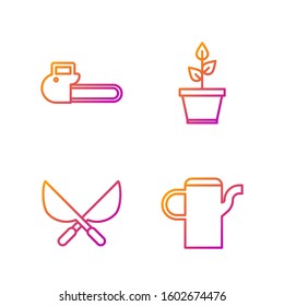 Set line Watering can, Gardening handmade scissors, Chainsaw and Plant in pot. Gradient color icons. Vector