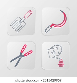 Set line Watering can, Gardening handmade scissor, Sickle and fork icon. Vector