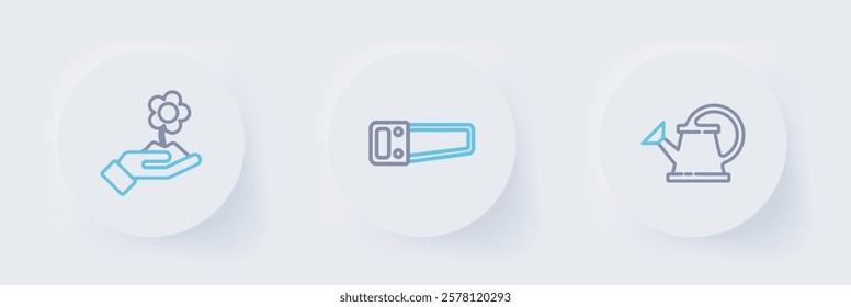 Set line Watering can, Hand saw and holding flower icon. Vector