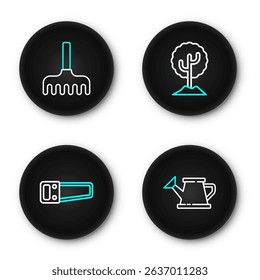 Set line Watering can, Hand saw, Tree and Garden rake icon. Vector
