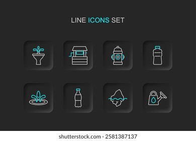 Set line Watering can, Iceberg, Bottle of water, drop, Fire hydrant, Well and Fountain icon. Vector