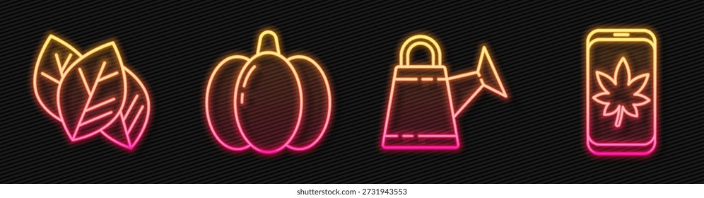 Set line Watering can, Leaf or leaves, Pumpkin and Leaf on mobile phone. Glowing neon icon. Vector
