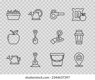 Set line Watering can, Location with flower, Leaf garden blower, Shovel the ground, Fresh grass rectangular, Bucket and Garden light lamp icon. Vector
