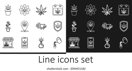 Set line Watering can marijuana, Shield and, Marijuana or cannabis leaf, Location, plant pot, Shopping cart with and Test tube icon. Vector