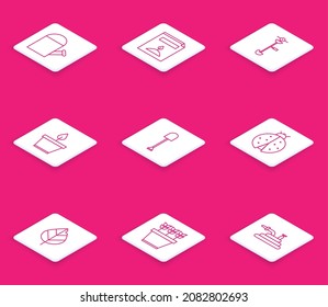Set line Watering can, A pack full of seeds of specific plant, Grass and weed electric string trimmer, Plant pot, Shovel, Ladybug, Leaf and Plants icon. Vector