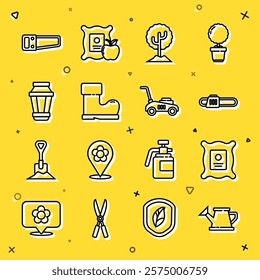 Set line Watering can, Pack full of seeds of plant, Chainsaw, Tree, Waterproof rubber boot, Garden light lamp, Hand and Lawn mower icon. Vector