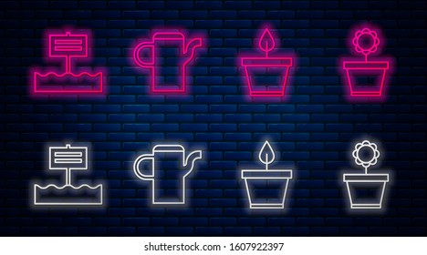 Set line Watering can, Plant in pot, Blank wooden sign board and Flower in pot. Glowing neon icon on brick wall. Vector