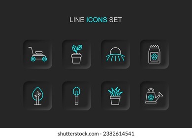 Set line Watering can, Plant pot, Garden trowel spade or shovel, Tree, Pack full of seeds, Sunrise,  and Lawn mower icon. Vector