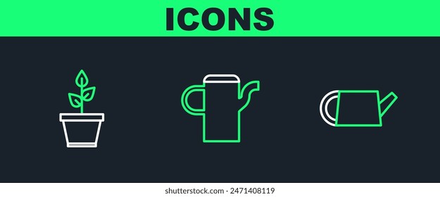 Set line Watering can, Plant pot and  icon. Vector