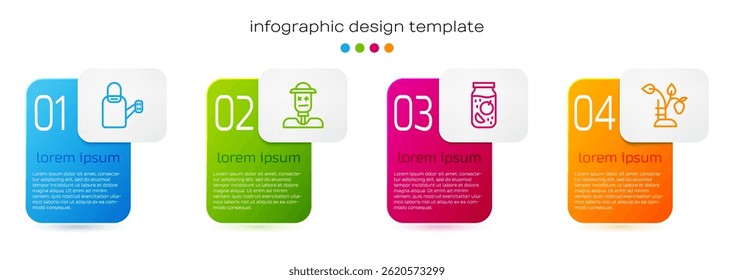 Definir linha Lata de regar, Espantalho, Jam jar e arbusto de morango. Modelo de infográfico comercial. Vetor
