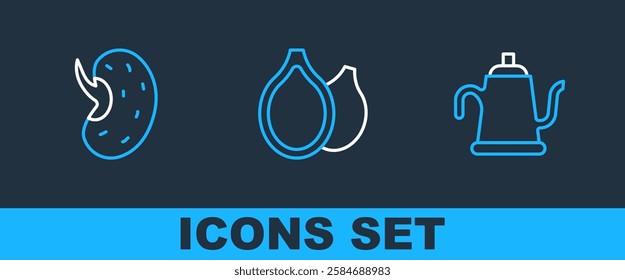 Set line Watering can, Seed and Pumpkin seeds icon. Vector