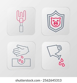 Set line Watering can, Seeds, Shield with pig and Garden rake icon. Vector