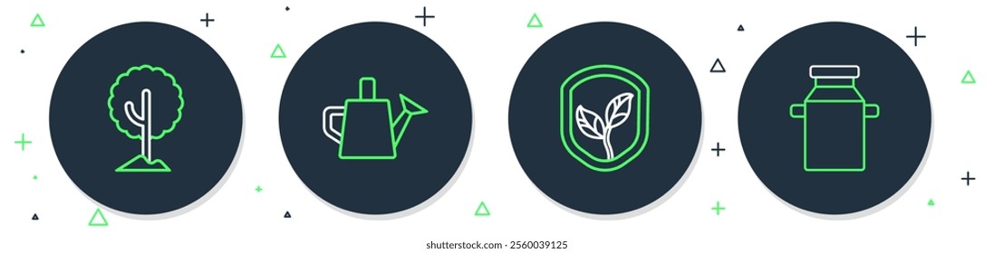 Set line Watering can, Shield with leaf, Tree and Can container for milk icon. Vector