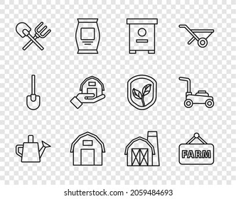 Set line Watering can, Signboard with text Farm, Hive for bees, house, Shovel and rake, hand,  and Lawn mower icon. Vector